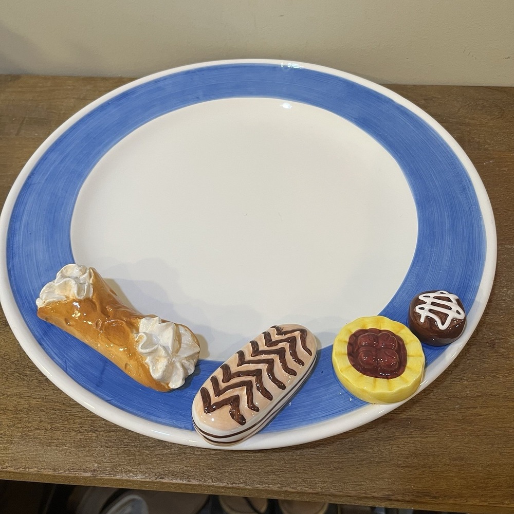 VTG Lotus Novelty 3D Dessert Pastry Serving Platter Blue Border Cannoli Eclair
